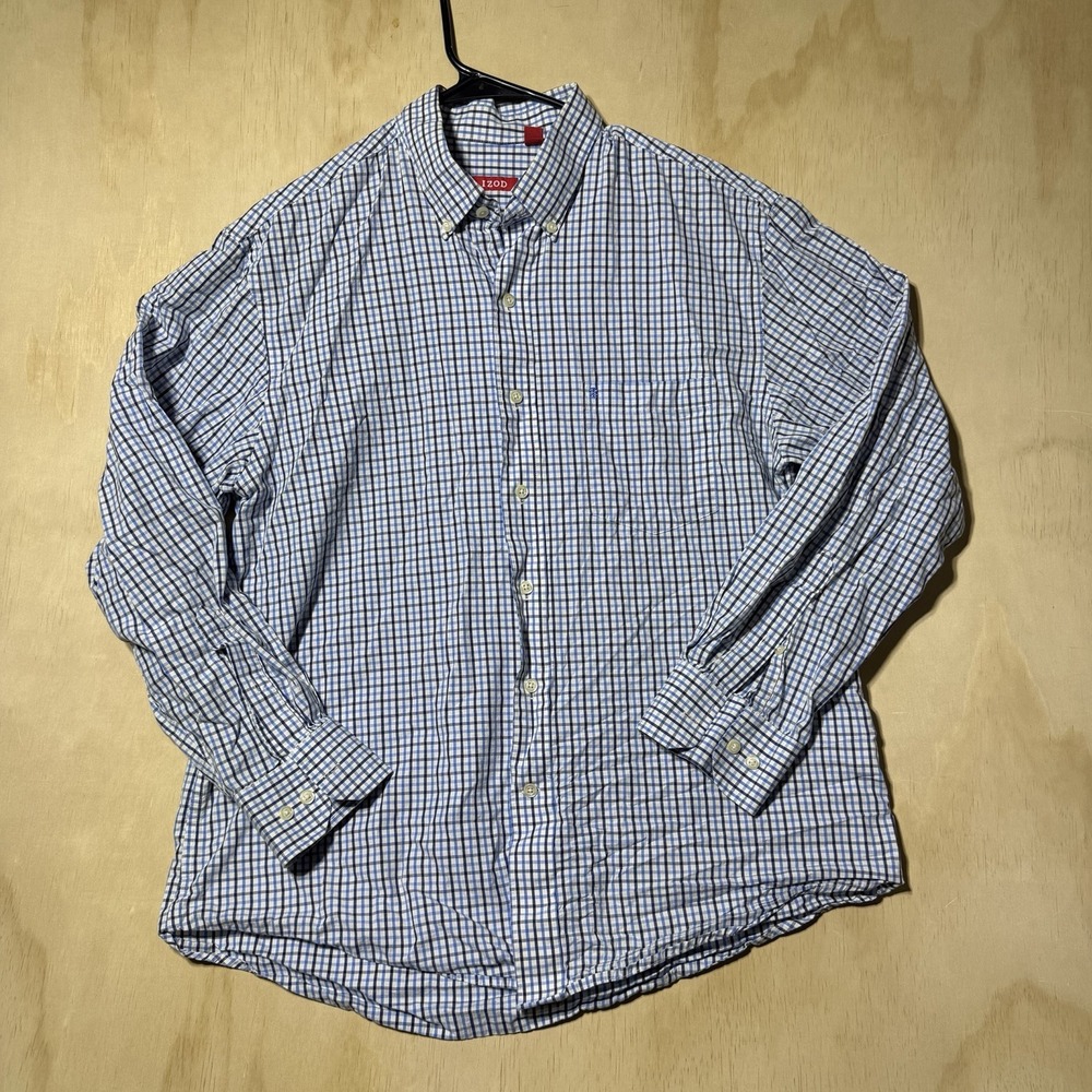 IZOD Shirt Mens Large Blue White Plaid Long Sleeve Button Down Casual Pocket